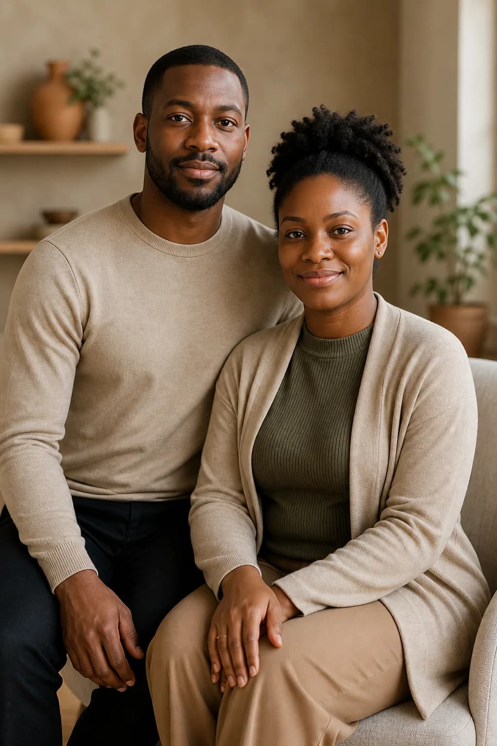 A Black African man and woman looking calm and confident together
