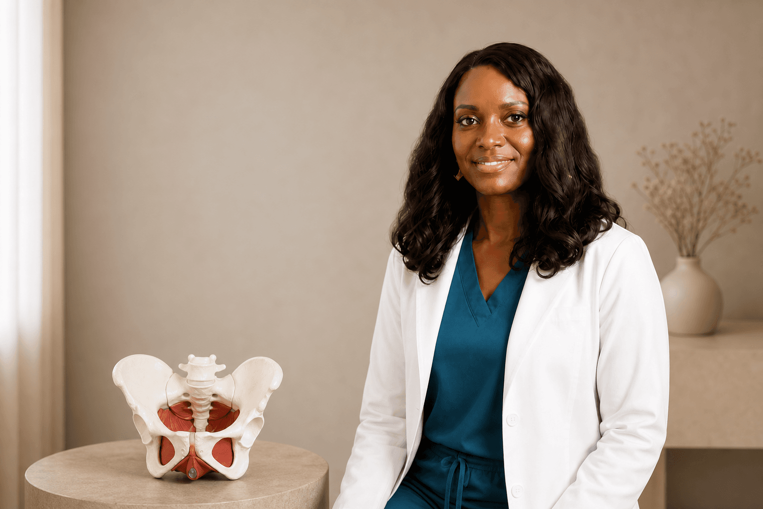 Dr Faith beside a pelvic floor teaching model