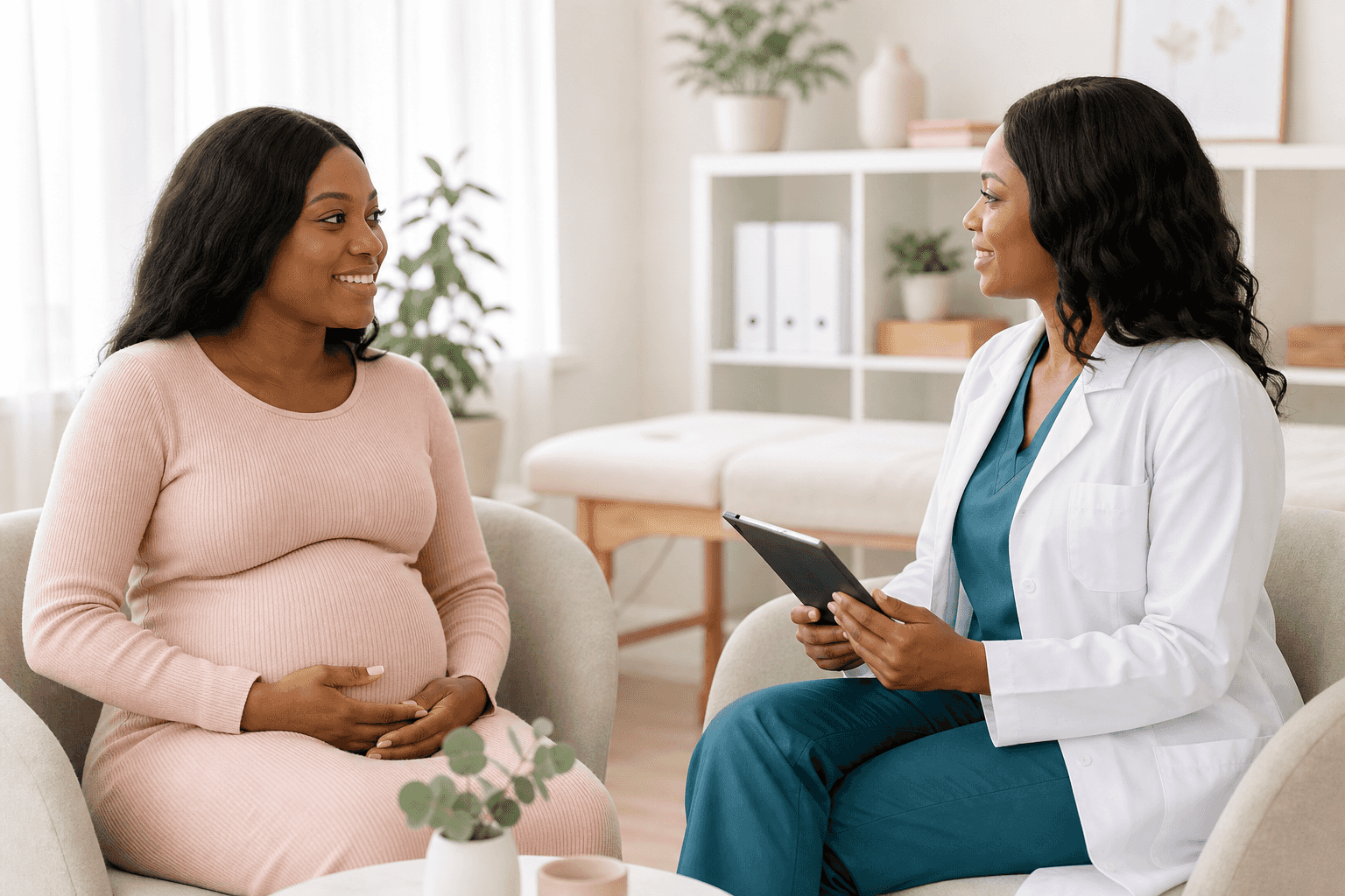 A pregnant client speaking with a pelvic floor physiotherapist