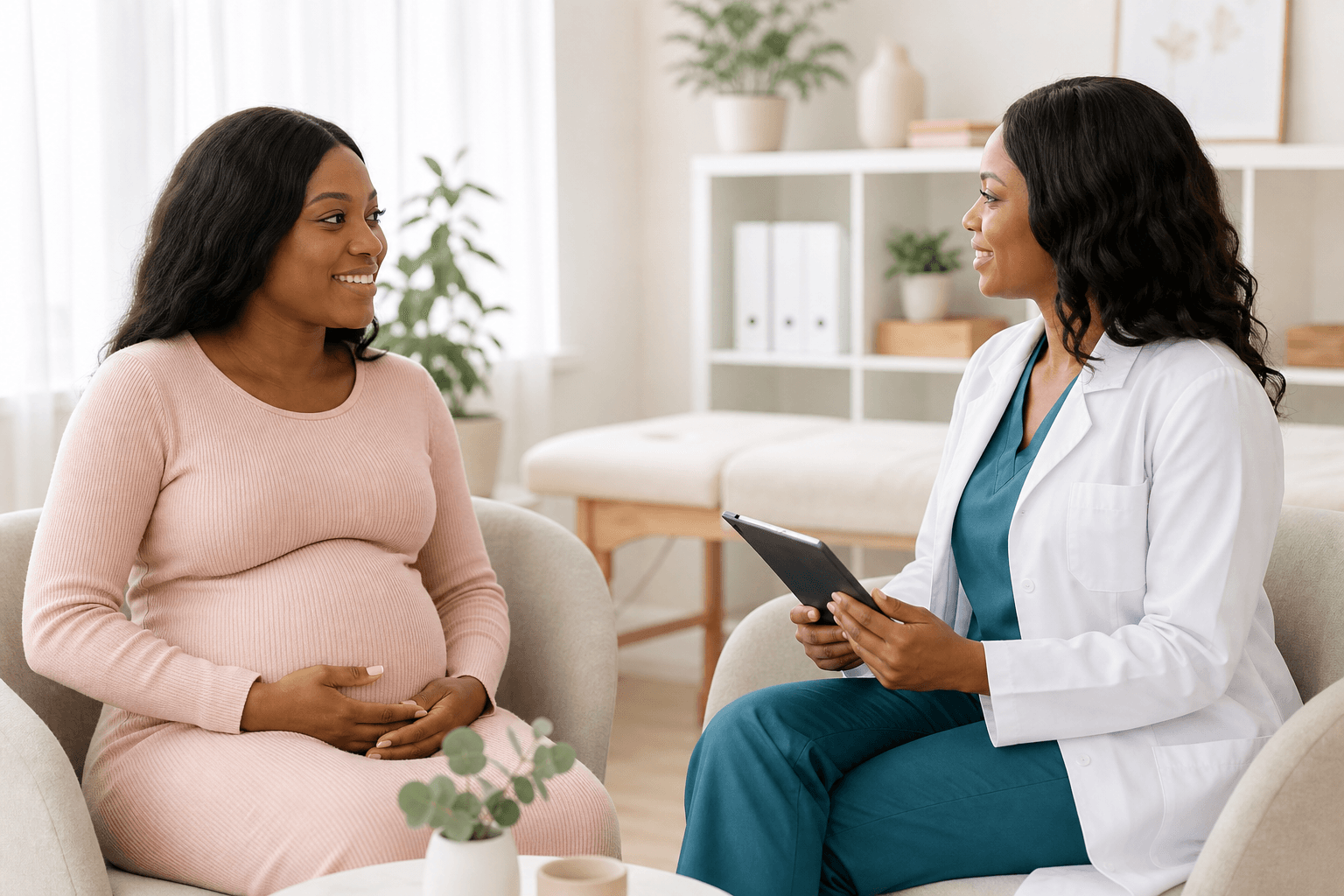 A pregnant client speaking with a pelvic floor physiotherapist